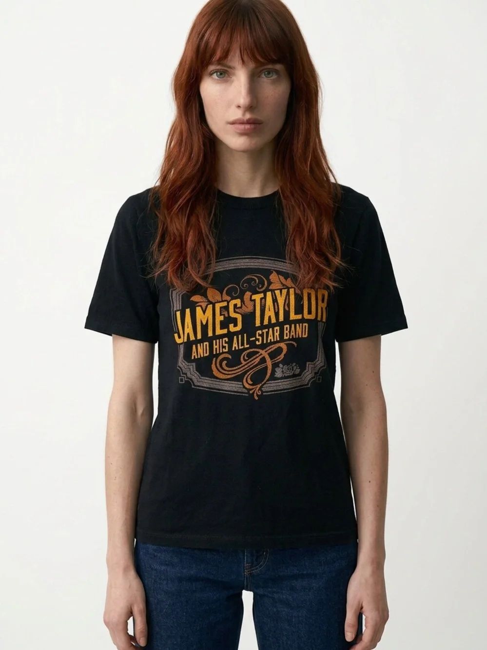 JAMES TAYLOR | Graphic Tee in Black with Golden Yellow Print Unisex Size XL